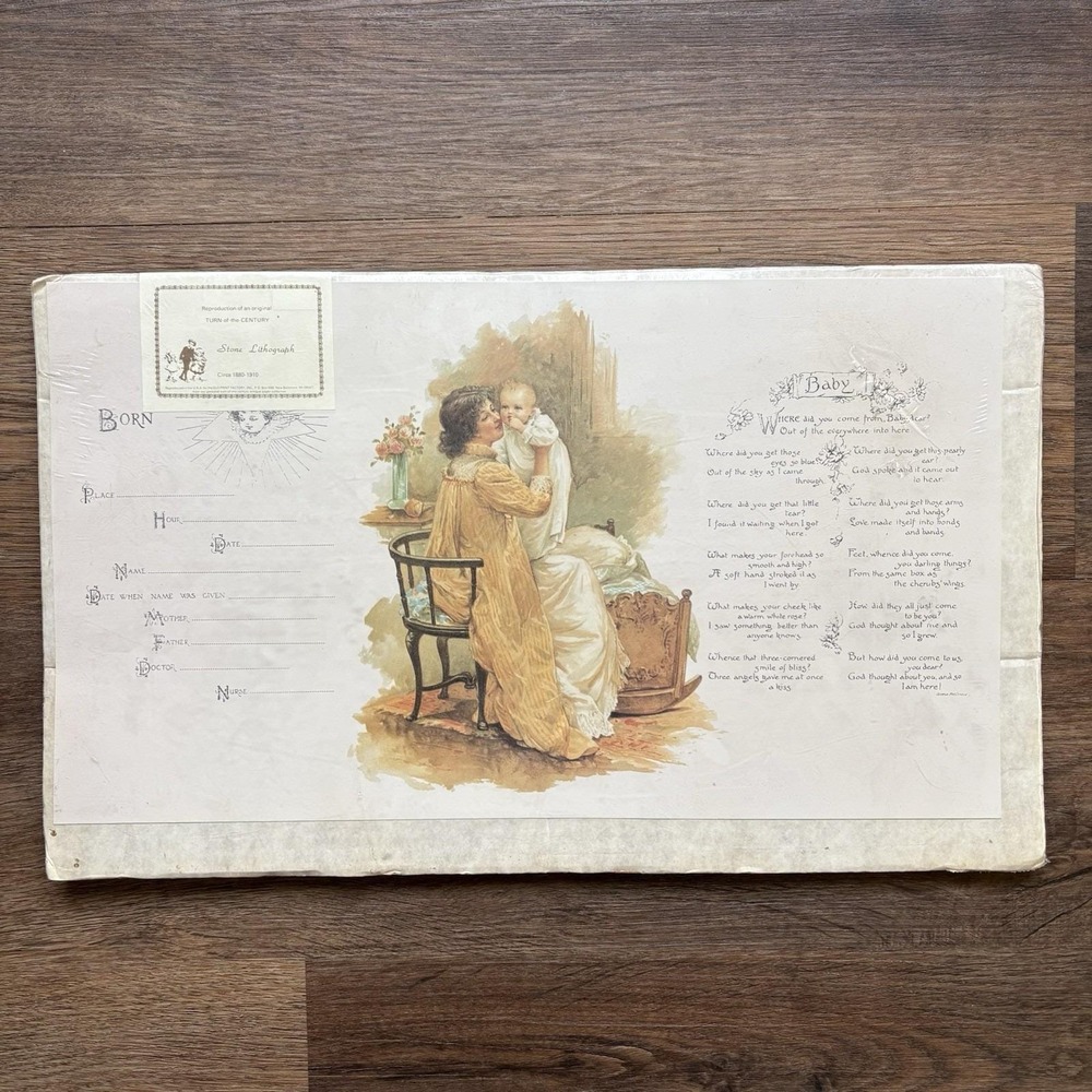 Reproduction Birth Announcement Stone Lithograph 1880-1910 Old Print Factory O2